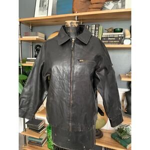 Hawke & Co, Black Leather Jacket, Size 14/16, Straight Collar, Zipper FLAW